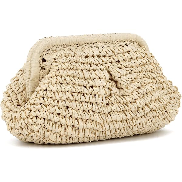 GOKTOW Straw Rhinestone Dumpling Clutch - Summer Raffia Rattan Beach Bag With Removable Strap, Multiple Colors