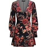 CIDER Velvet Mini Dress Floral Print Long Sleeve V Neck Middle Waist Party Cocktail Elegant Dress