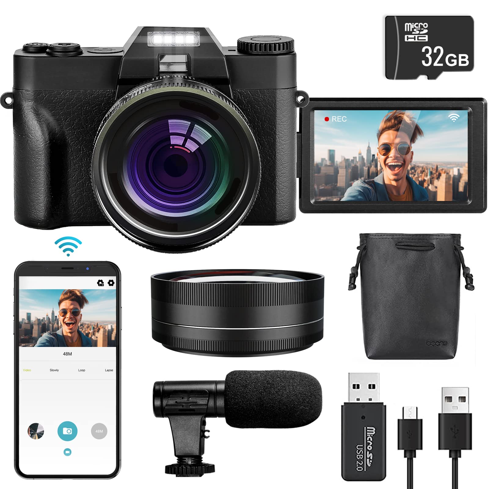 4K Cameras for Photography ，48MP Digital Camera with Reversible Display, 16X Digital Zoom, and Bonus 32GB SD Card - Perfect Vlogging Camera for YouTube, Ideal for Youtubers and Photography Beginners