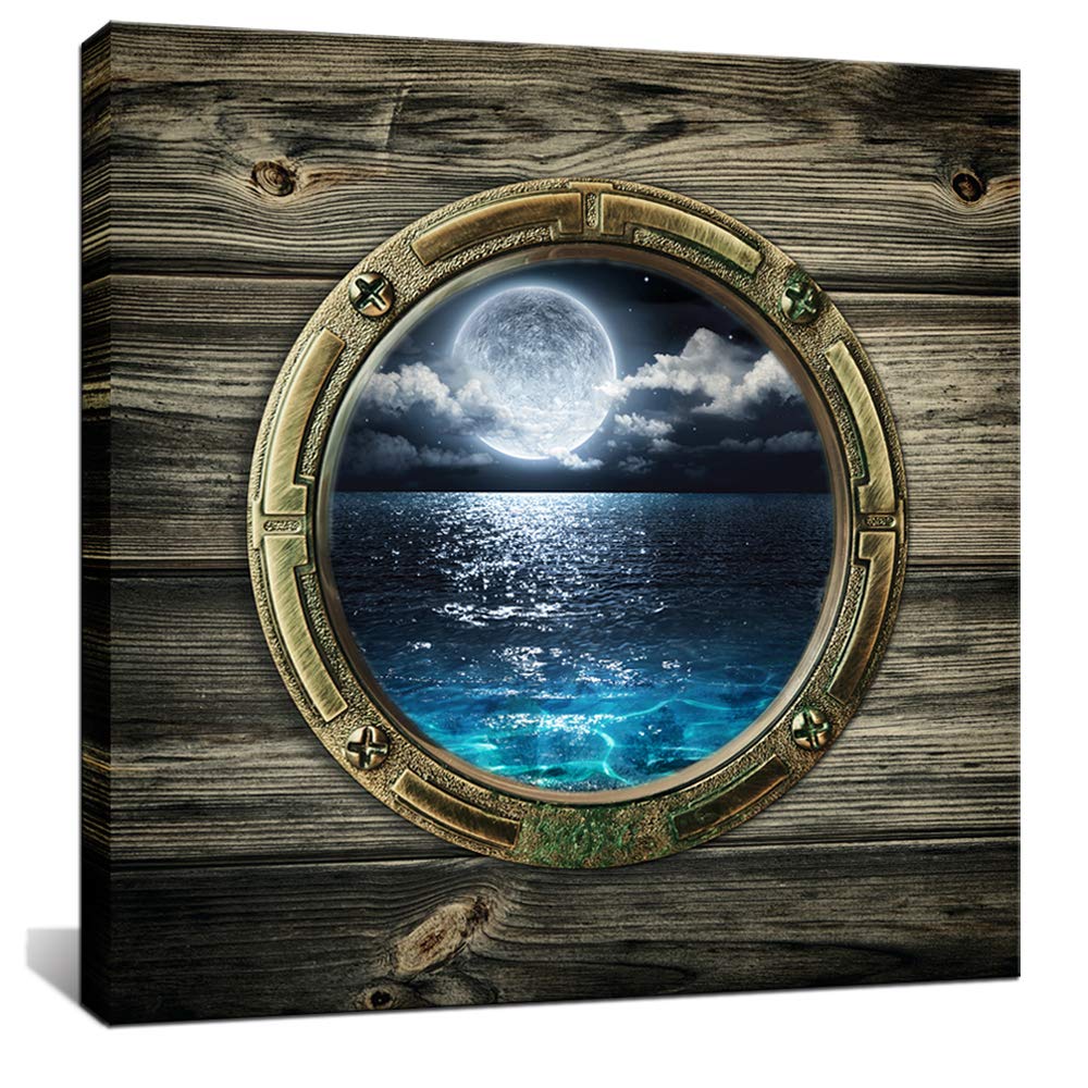Biuteawal - Window Frame Style Beautiful Views of the Seascape Picture Wall Art Moon Sea Ocean Landscape Paintings Canvas Art Print for Living Room Bathroom Home Decoration