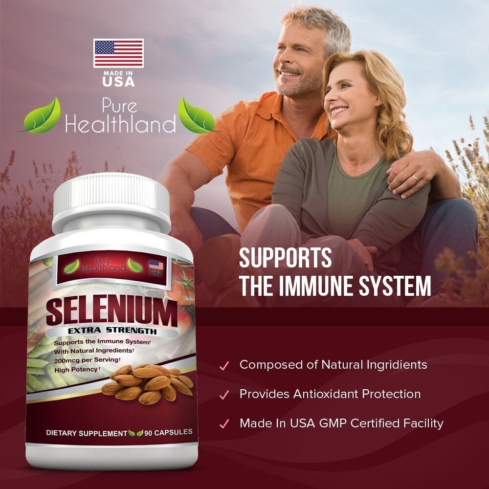 SELENIUM EXTRA STRENGTH Supplement Capsules. Pure Healthland\'s Powerful 200mcg Antioxidant Which Supports Immune System, Heart, Thyroid, & Prostate Health.