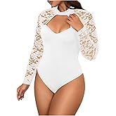 MakeMeChic Women's Plus Size Floral Lace Mock Neck Long Sleeve Cut Out Bodysuit Tee Shirts White 1XL