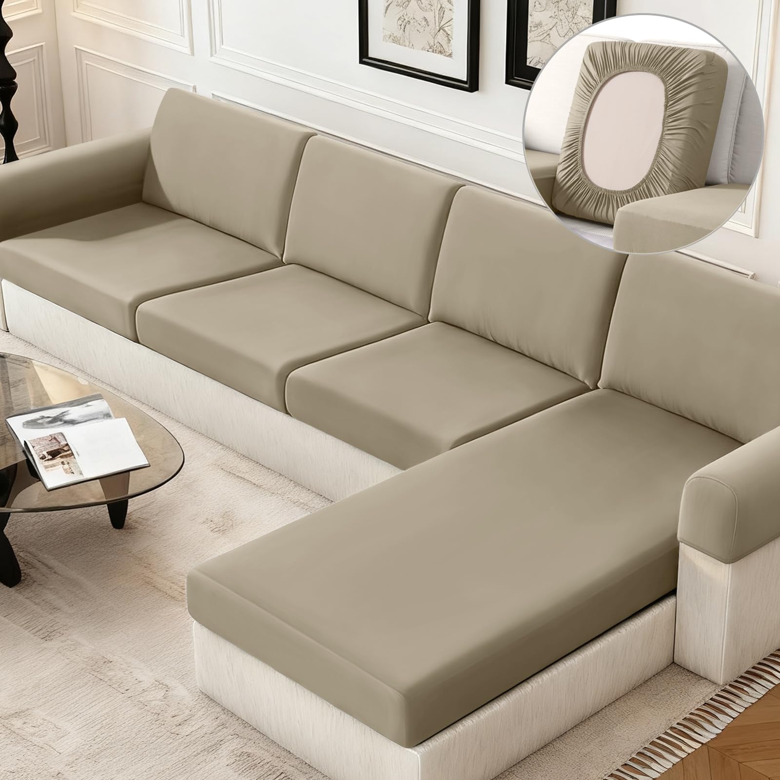 Photo 1 of KinCam Couch Cushion Covers, Stretch Sectional Couch Covers Sofa Cushion for L Shaped Couch Cover Washable Sofa Slipcovers Sofa Covers(3PC Seater or Backrest Covers, Taupe)