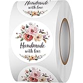 Acetiamin Floral Handmade with Love Stickers Roll, 1.5 inch 500 PCS Flower Homemade with Love Stickers for Handmade Baked Goods, Crafts, Gifts Package, Small Businesses