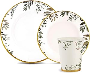 150 Pieces Disposable Paper Plates and Cups Set, Gold Foil Trim with Greenery Design Dinner Dessert Plates, Wedding and Party Supplies Set. Includes 50 Dinner Plates, 50 Dessert Plates, and 50 Cups