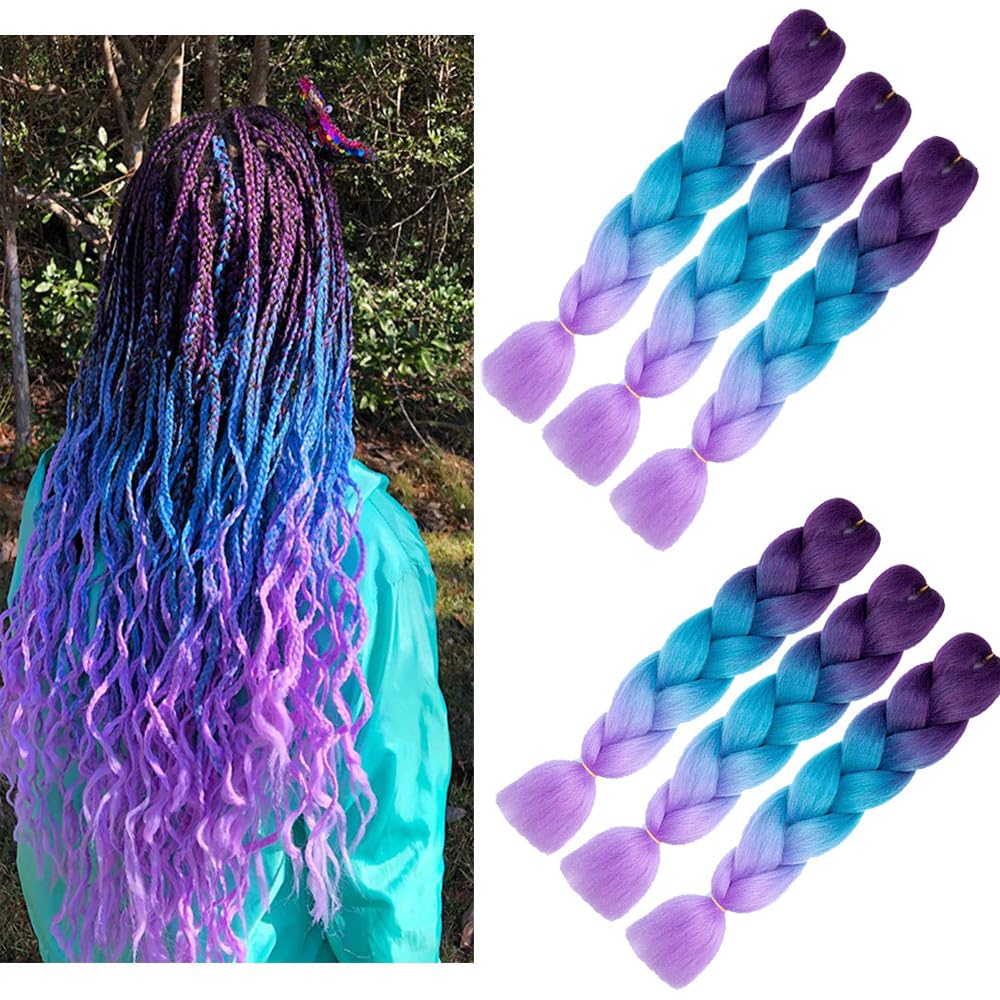 Purple ombre Braiding Hair colorful hair extensions for Braiding 6packs High Temperature Fiber Synthetic Braiding Hair for Crochet Twist Braids (Purple-blue-purple) — image 1
