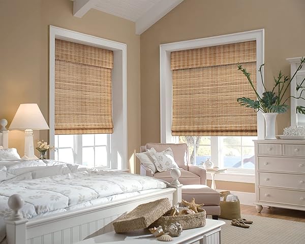LAZBLINDS NO TOOLS NO DRILL CORDLESS BAMBOO ROMAN SHADES, LIGHT FILTERING WINDOW TREATMENT, ROLL UP BAMBOO BLINDS FOR WINDOWS 32” W X 64” H, BROWN