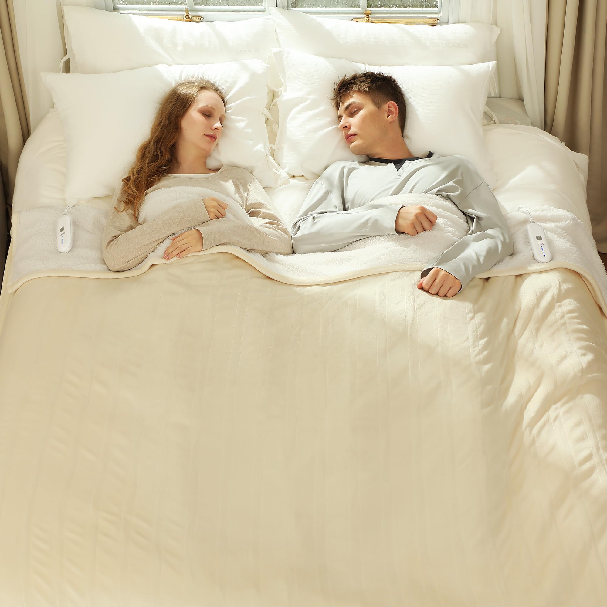 VELLUBAM Queen Electric Blanket 84" x 90" - Flannel Sherpa Warm Heated Blanket Queen Size with Dual Control, 5 Heating Levels & 10 Hours Auto Off, Heating Blanket with Overheat Protection (White) Image