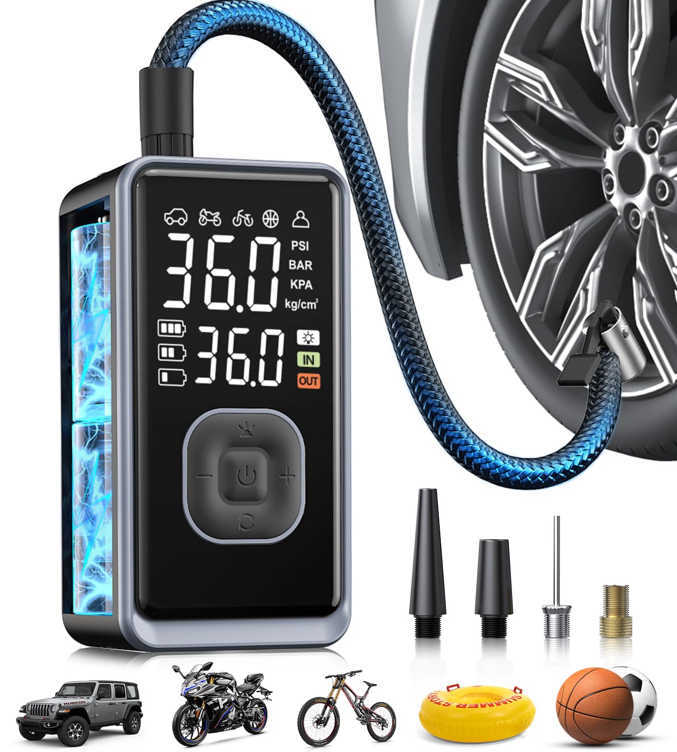 Photo 1 of Tire Inflator Portable Air Compressor, 150PSI Cordless Mini Air Pump with Digital Pressure, Bike Pump, 3X Fast Inflation Tire Inflator for Car, Motorcycle, Bike, Ball-LED Light and Auto Shut-Off