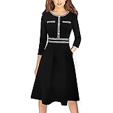 VFSHOW Womens Buttons Pockets Office Business A-Line Dresses 3/4 Sleeves Work Crew Neck Tweed Trim Fit and Flare Swing Dress