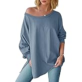 Tankaneo Womens Oversized Off The Shoulder Tops Long Sleeve Trendy Casual T-Shirts Side Slit Loose Fit Tunic Shirts