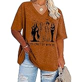 Plus Size V-Neck Halloween T Shirt Women Vintage Graphic Hocus Pocus Tees Casual Loose Fall Holiday Shirts Tops