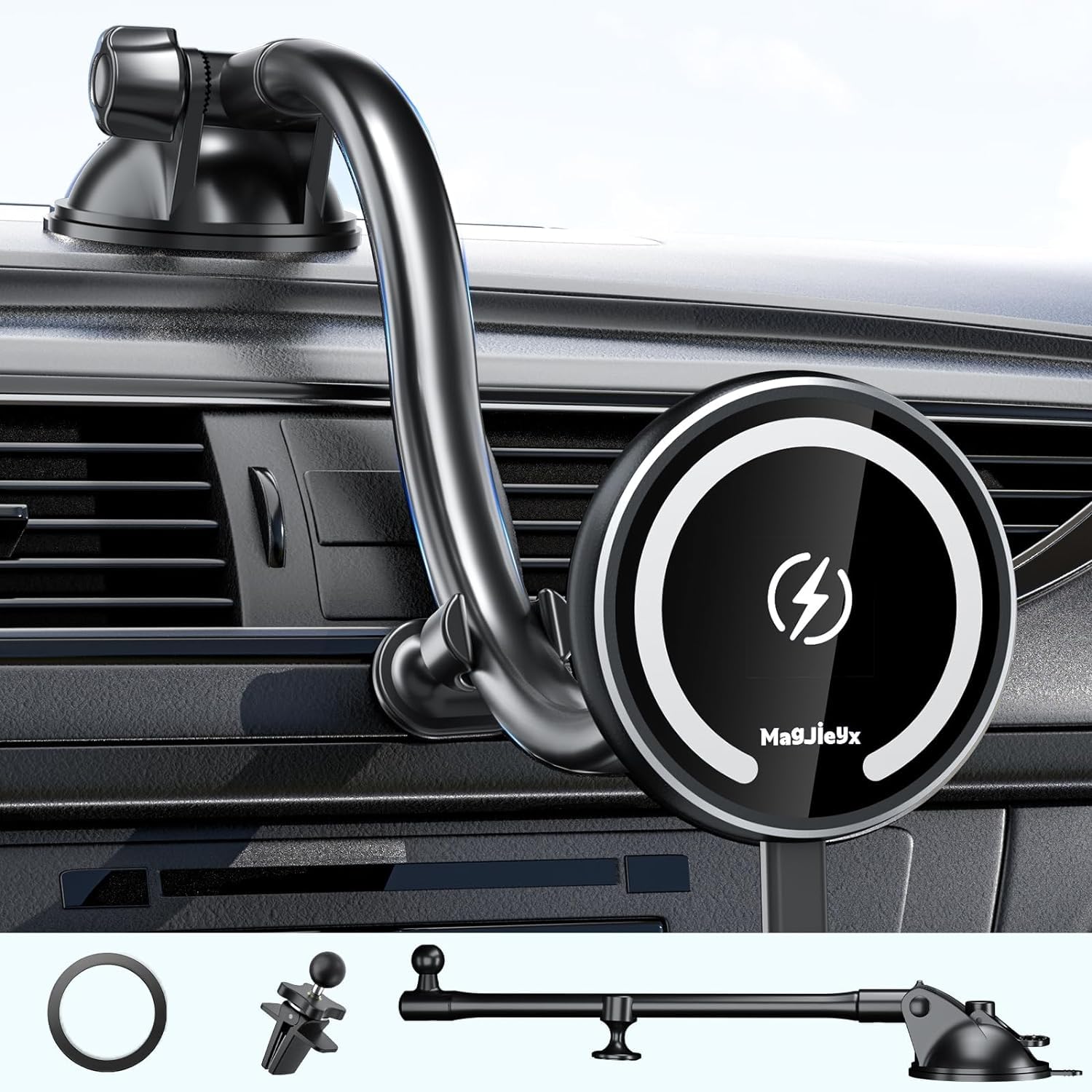 MAGJIEYX for Magsafe Car Mount, 15W Car Phone Holder Wireless Charger with Suction Cup Fast Charging Magnet Phone Holder for iPhone 16 15 14 13 12 MagSafe Case Work for Dashboard Air Vent Windshield