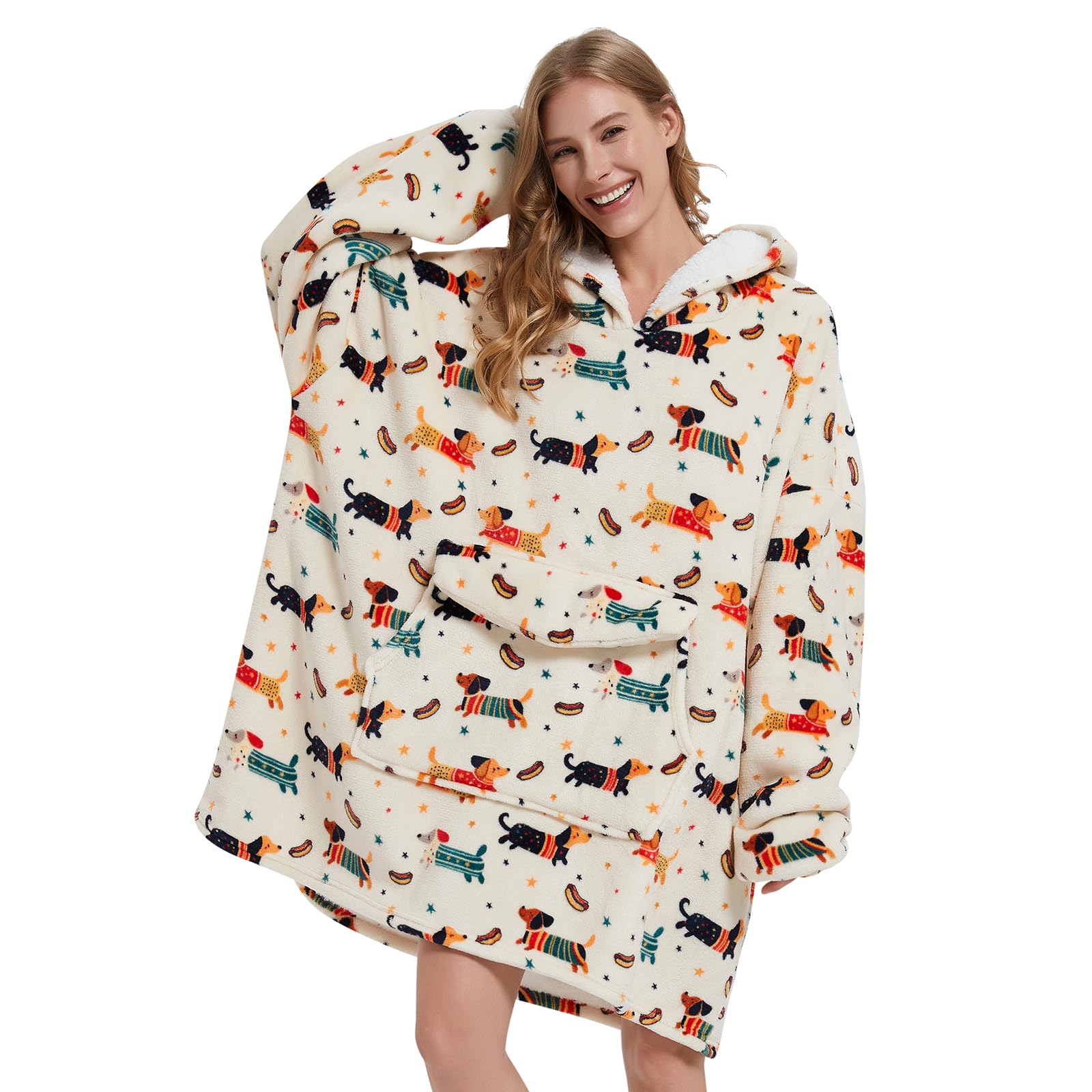 Mewkou Wearable Blanket Hoodie for Adult,Oversized Sherpa Fleece Blanket Hoodie for Women Men,Dachshund
