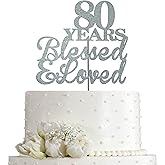 JIEEIN 80 Years Blessed & Loved Cake Topper for 80th Birthday, Wedding Anniversary Party Decorations - Double Sided Silver Glitter