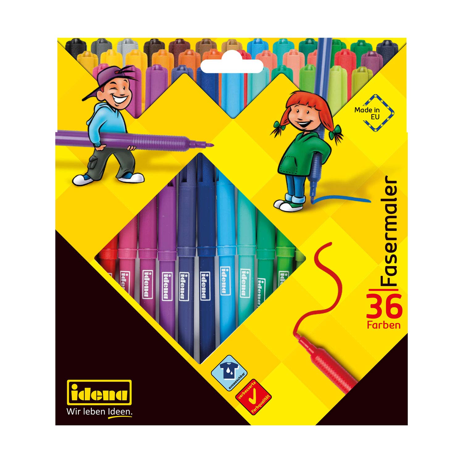Idena 10039 – Pack of 36 Felt Tip Pens in Cardboard Case with 2 mm Tip Intense Colours Washable for Painting and Drawing in Kindergarten, School and Leisure