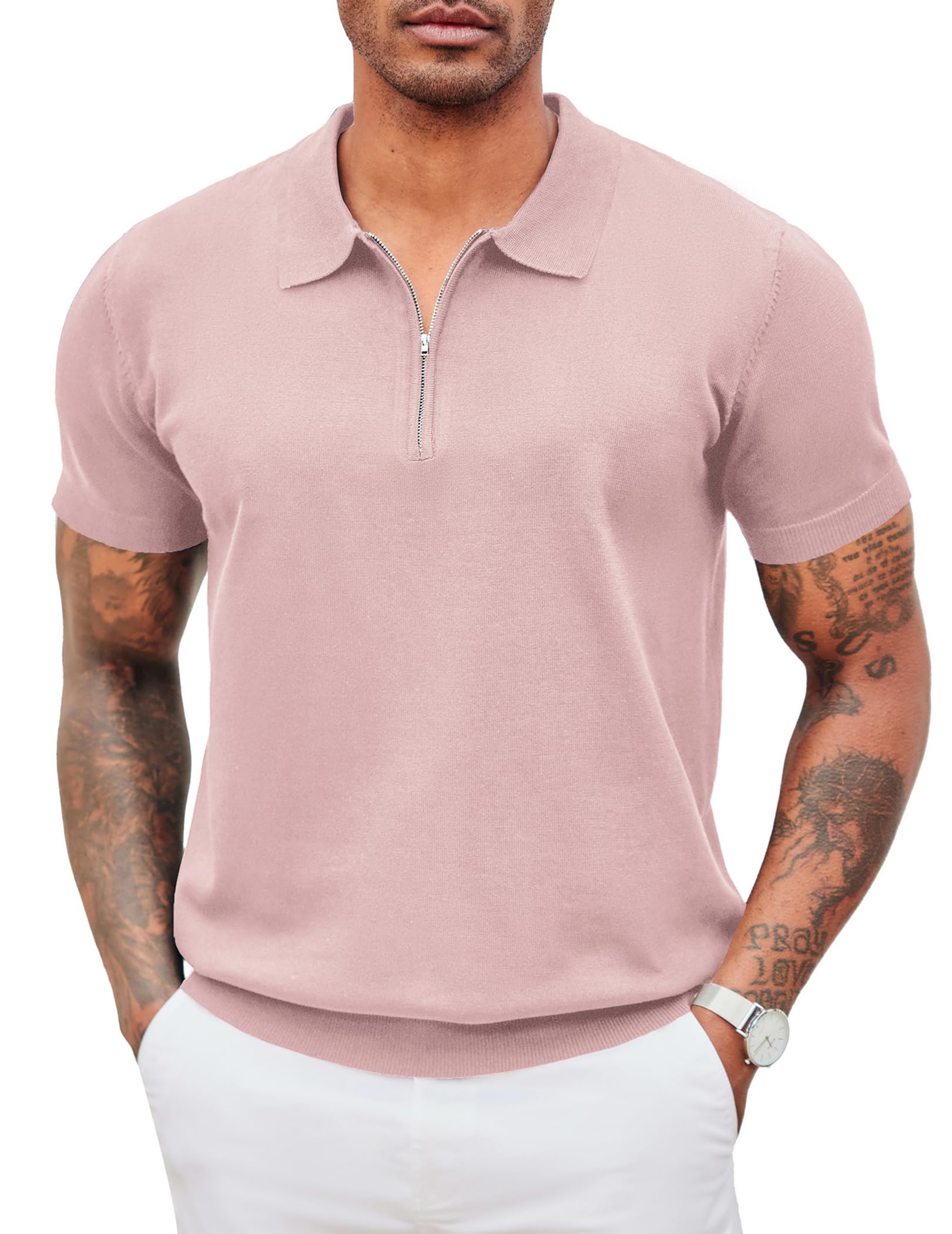 Photo 1 of ***Stock photo is a different color*** COOFANDY Mens Dress Polo Shirts Classic Polo Shirts with Zipper Retro Knit Polo T Shirts Short Sleeve Banded Bottom Shirts Vintage Summer Knit Polo Shirt Solid- Brown