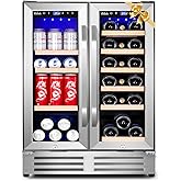 Velieta Wine and Beverage Refrigerator, 24 Inch Dual Zone Fridge with Glass Door, Built-In Cooler with Powerful and Quite Coo