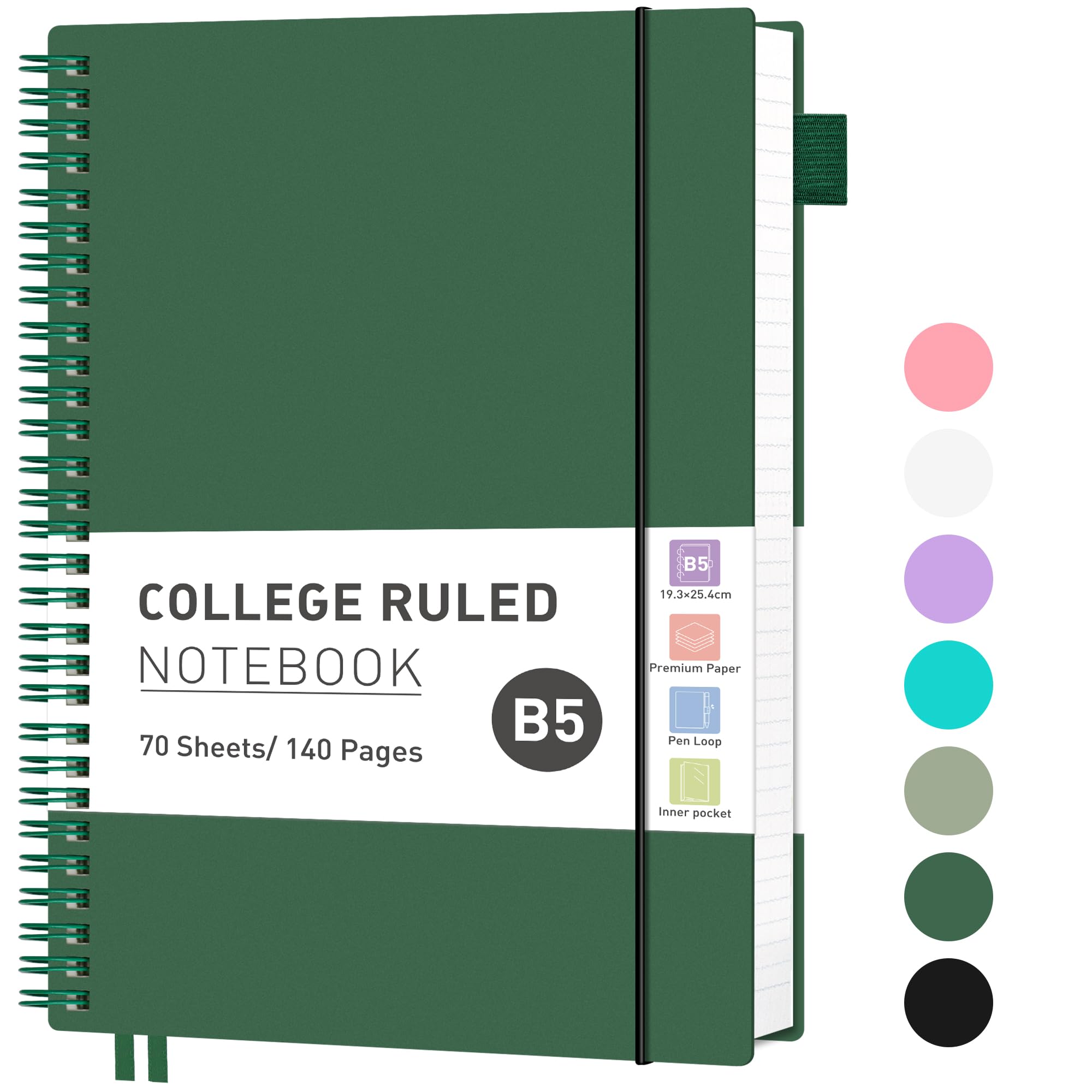 RETTACY B5 journal Notebook, Spiral Notebook 140 Pages/70 Sheets Lined for Women Men,Writing Notepad with 100gsm Paper,PVC Pocket, Pen Loop, Ruler, Bookmark,19 x 25 cm- Dark green