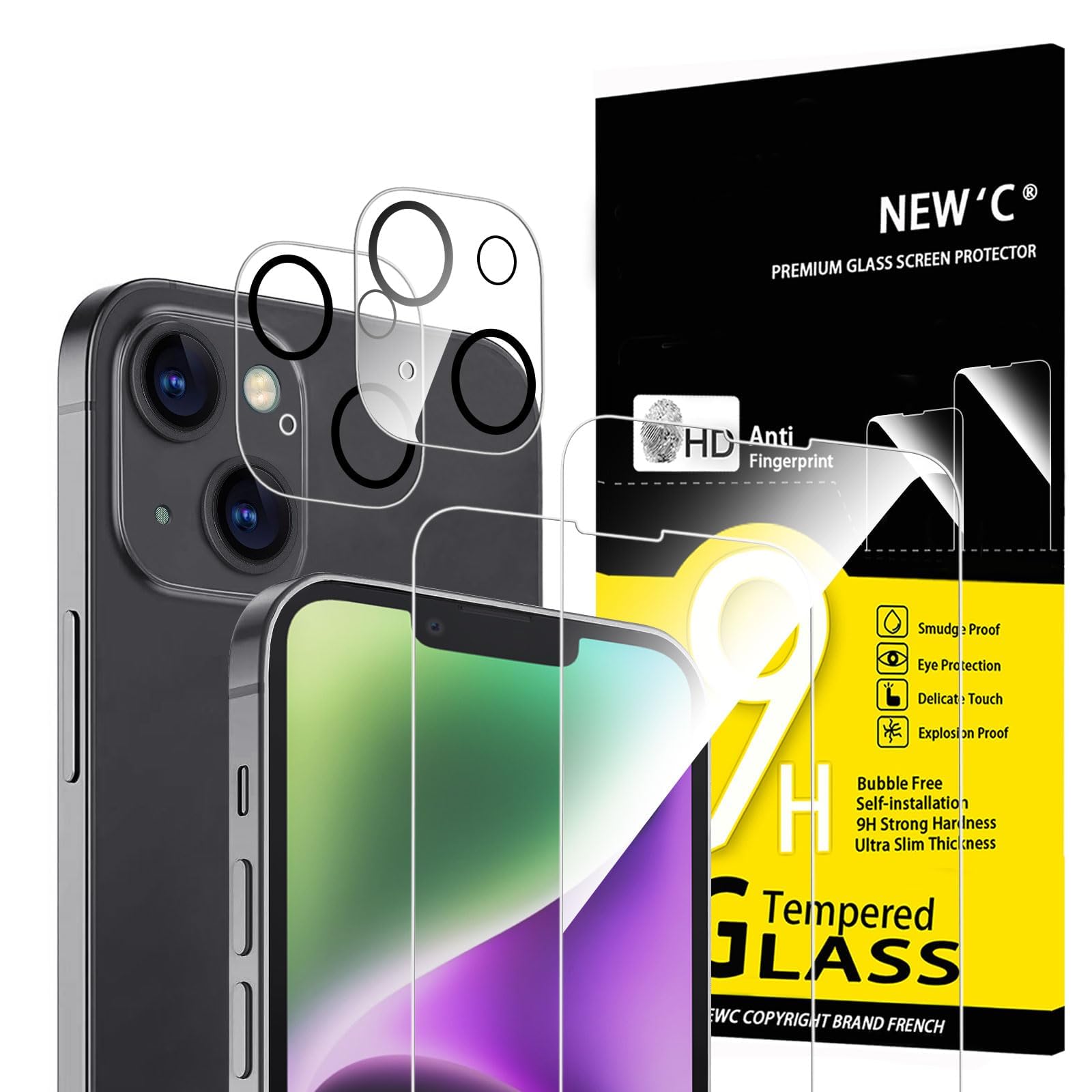 Photo 1 of NEW'C 4 Pack, 2 Pack for iPhone 14 Screen Protector (6.1 inch) + 2 Pack Camera Lens Protector, Sensor Protection,Case Friendly Tempered Glass Film