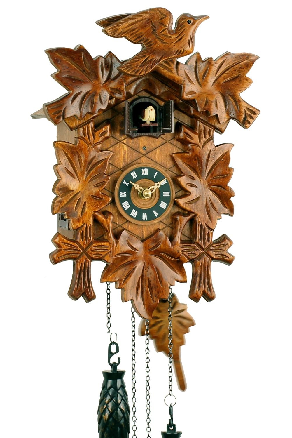 Black Forest cuckoo clock made of real wood, with battery operated quartz movement, cuckoo and musical mechanism, 30 cm, decorated with five leaves, by Uhren-Park Eble