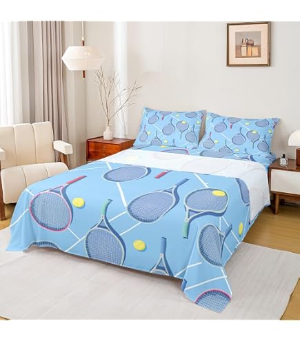 Tennis-Themed Twin Sheet Set – 3-Piece Blue Watercolor Bedding For Kids & Teens Room Decor