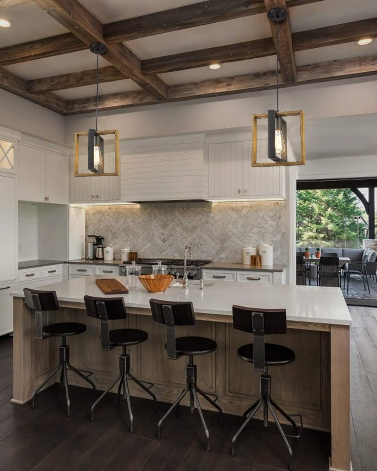 Ken & Ricky Kitchen Island Lighting, Farmhouse Pendant Light, Vintage Ceiling Hanging Light Fixture for Dining Room Kitchen, Metal Black with Solid Wood Frame - - 