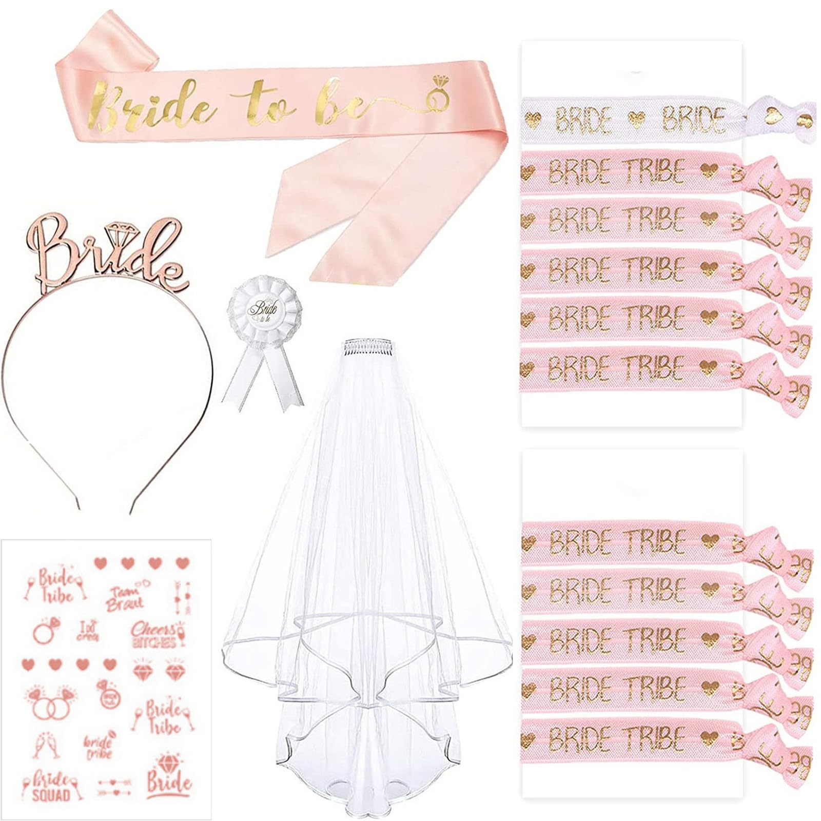 PMELCXD Hen Party Accessories Bride to Be Sash Set,Bride to Be Sash and Veil, Hen Party Accessories,15 PCS Hen Party Veil Bride to be Sash and Badge Bridal Shower Hen Do Accessories Wedding Set