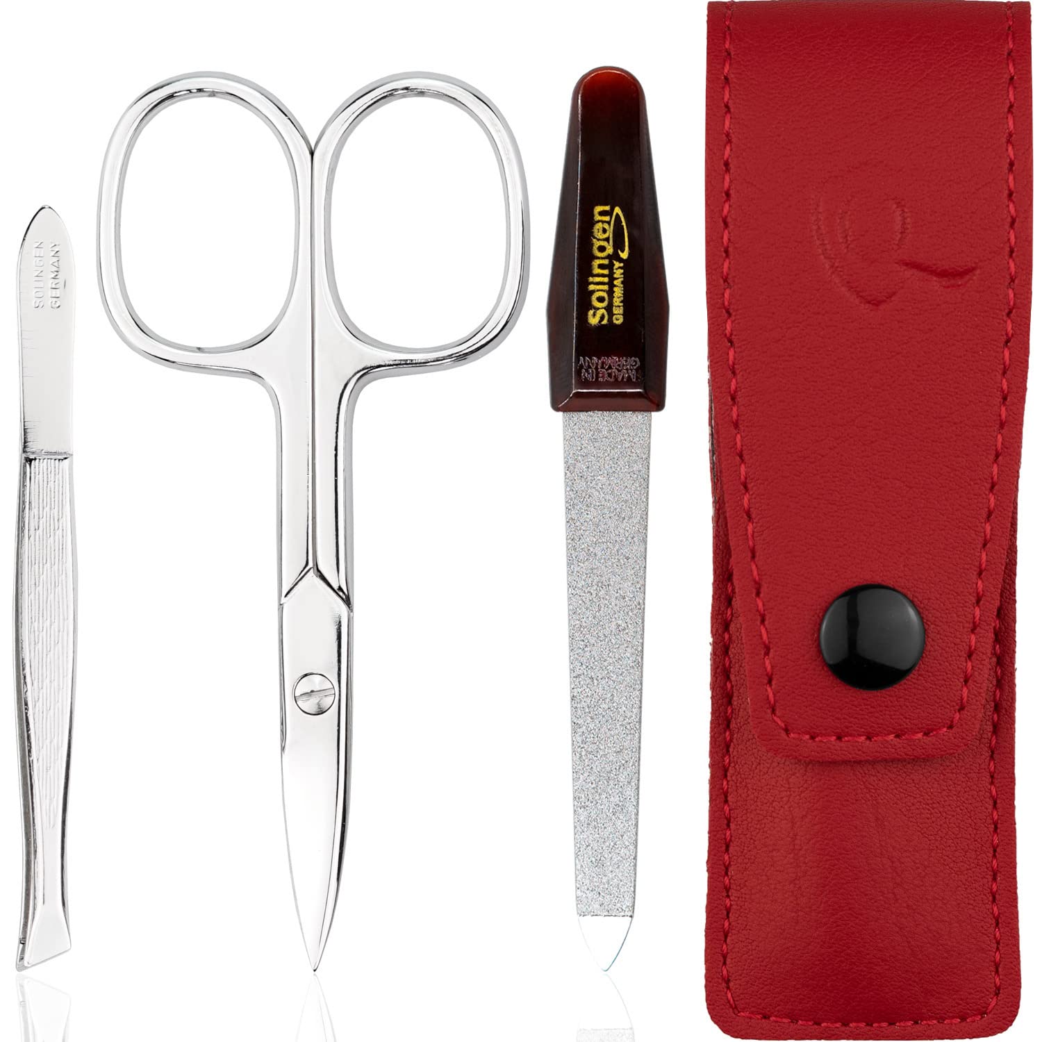 Nail Scissors and Tweezer Set with Nail File - 3 Piece Collection - Ideal for Him or Her, at Home or as Small Travel Grooming Essentials, red