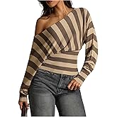 Verdusa Women's Striped Off The Shoulder Tops Lightweight Cinched Waist Knit Tops Fall Pullovers
