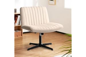 LEMBERI Fabric Padded Desk Chair No Wheels, Armless Wide Swivel,120° Rocking Mid Back Ergonomic Computer Task Vanity Chairs for Office, Home, Make Up,Small Space, Bed Room,Beige