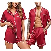 Ekouaer Silk Satin Matching Pajamas Sets Couple Button Down Nightwear Women & Men Short Sleeve Sleepwear 2 Pieces Loungewear