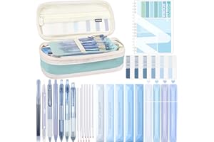 Aiallyo 40Pcs Aesthetic Book Annotation Kit with Pen Case，Including Gel Pen set Highlighters Correction Tape Sticky Notes Set and Tabs for Bible Study Student Stationary(Blue Color,Classic)