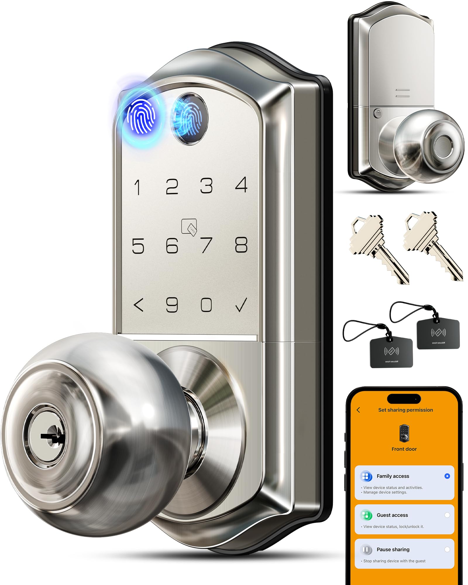 Photo 1 of Veise VE018 Smart Knob Handle Lock - Fingerprint, App Control, Keyless Entry for Front Door and Bedroom, Electronic Digital Keypad, Auto Lock, Remote Access Sharing, IP55 Weatherproof, Satin Nickel(Missing pad lock View picture for items included)