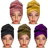 ZRQ 5 Pieces Stretch Jersey Turban Fashion Headband Soft Breathable Long Scarf Lightweight and Comfortable Tie Head Wraps for Black Women (Black, Army Green, Dark Pink, Dark Purple, Turmeric)
