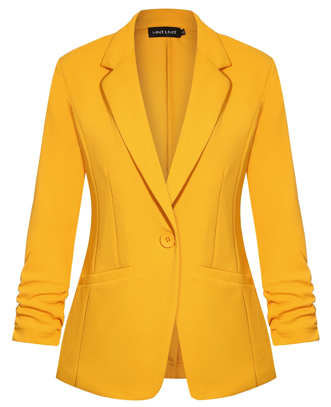 Photo 1 of MINTLIMIT Women's Notched Lapel Button Ruched 3/4 Sleeve Blazer Suit Cardigan Loose Fitted Yellow Jackets Blazer Formal Work Office, L