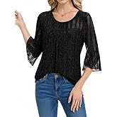 HANERDUN Women's Ruffle 3/4 Sleeve Dressy Blouses Double Layers Blouses Crew Neck Fashion Tunic Tops
