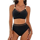 Blooming Jelly Women High Waisted Bikini Sets Tummy Control Swimsuits Modest Mesh Metal Crisscross Back Bathing Suit