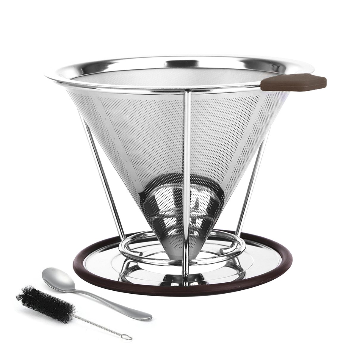 Pour Over Coffee Filter, Plaviya Permanent Coffee Strainer 304 Stainless Steel Dripper Reusable Cone Coffee Mesh Dripper Maker with Separate Stand, Spoon and Brush included, PBA Free