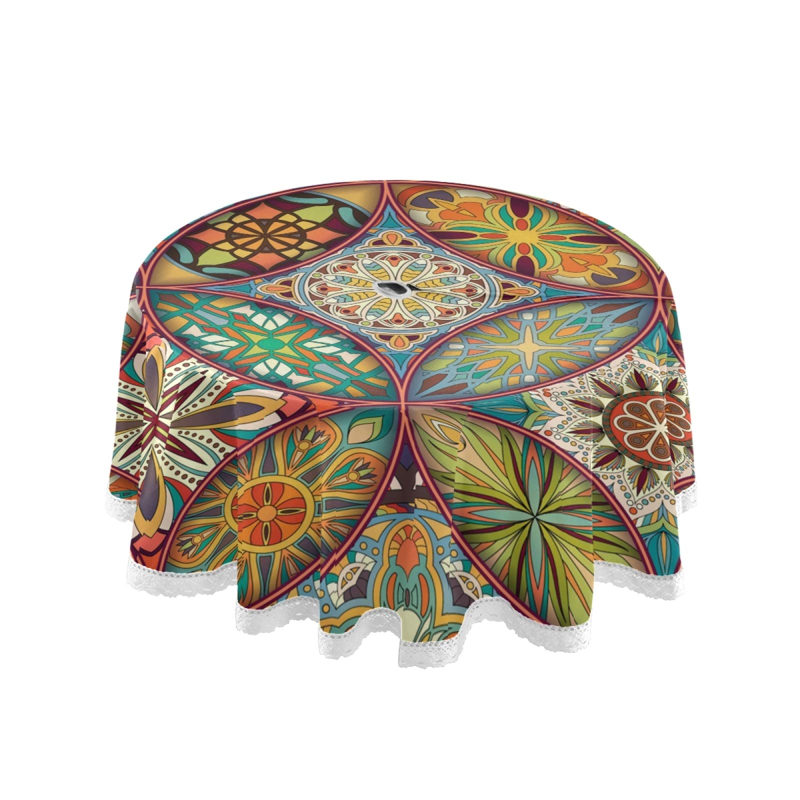 Xigua Bohemian Round Tablecloth with Umbrella Hole and Zipper Outdoor Tablecloth Spill-Proof Polyester Table Cover for Kitchen Patio Garden Party Picnic Decoration