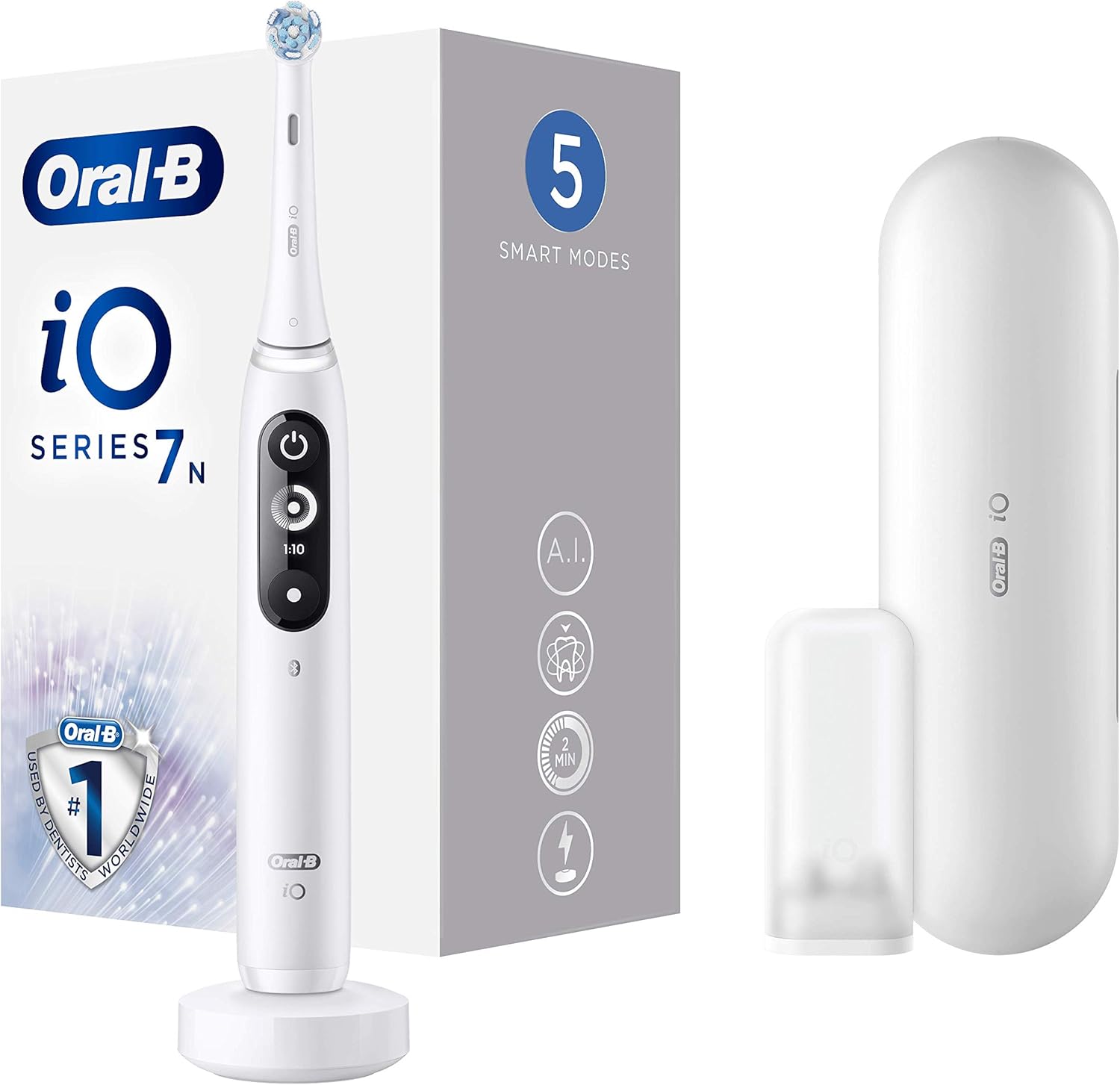 Oral-B iO 7n Cepillo Eléctrico Recargable Tecnología De Braun, 1 Mango Blanco Con Diseño De Alta Gama Y Tecnología Magnética, Pantalla En Blanco Y Negro, 1 Cabezal Recambio, 1 Funda De Viaje