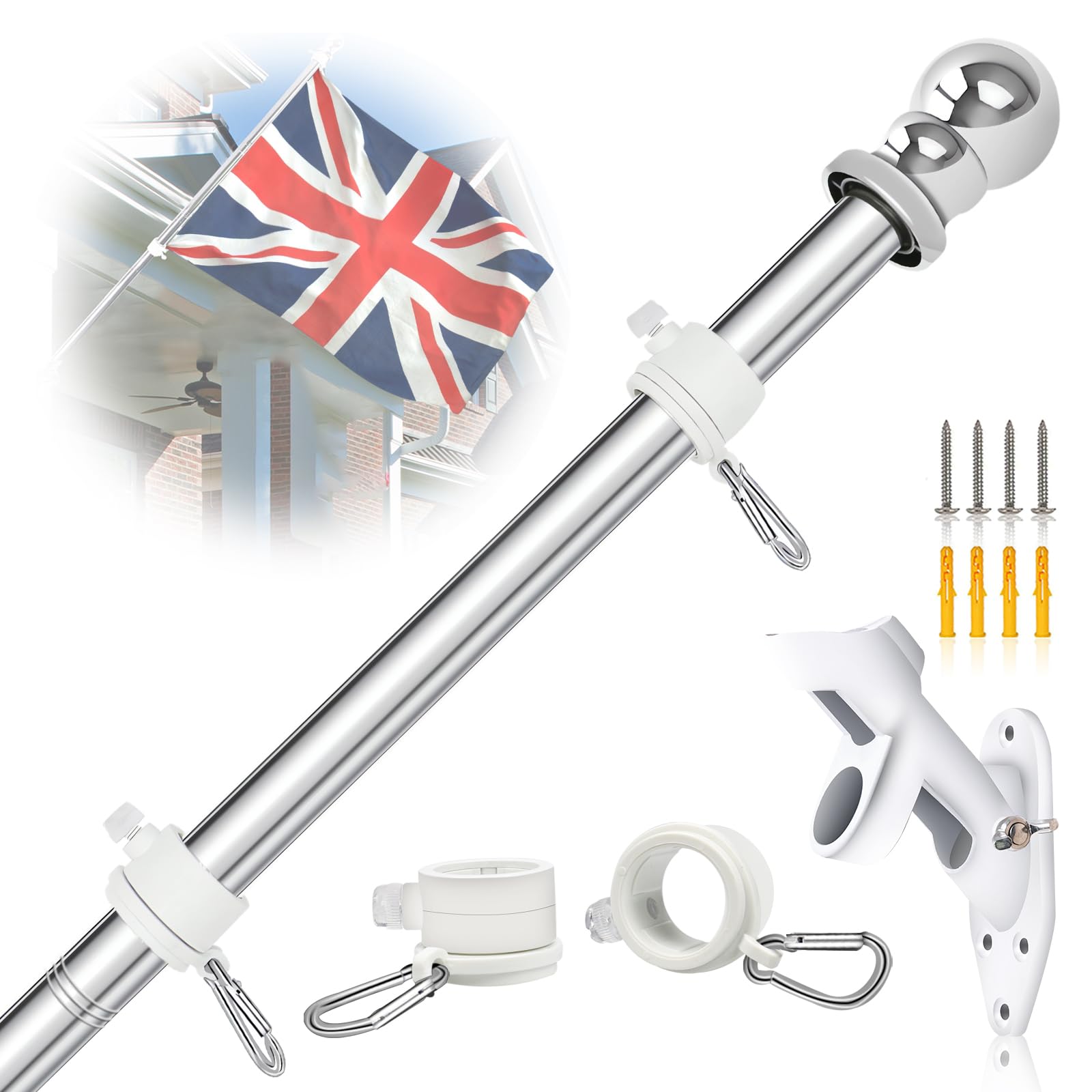 NQ 5FT (1.5M) Flag Pole for Garden with Flag Pole Holder, Stainless Steel Flag Pole Kit for House, Flag Pole for Outdoor, Wall Mounted Flag Pole(Silver)
