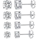 MDFUN Titanium Stud Earrings Set Hypoallergenic Cubic Zirconia Round Surgical Stainless Steel 4 Prong Stud Earring Jewelry for Women Men 3-8mm