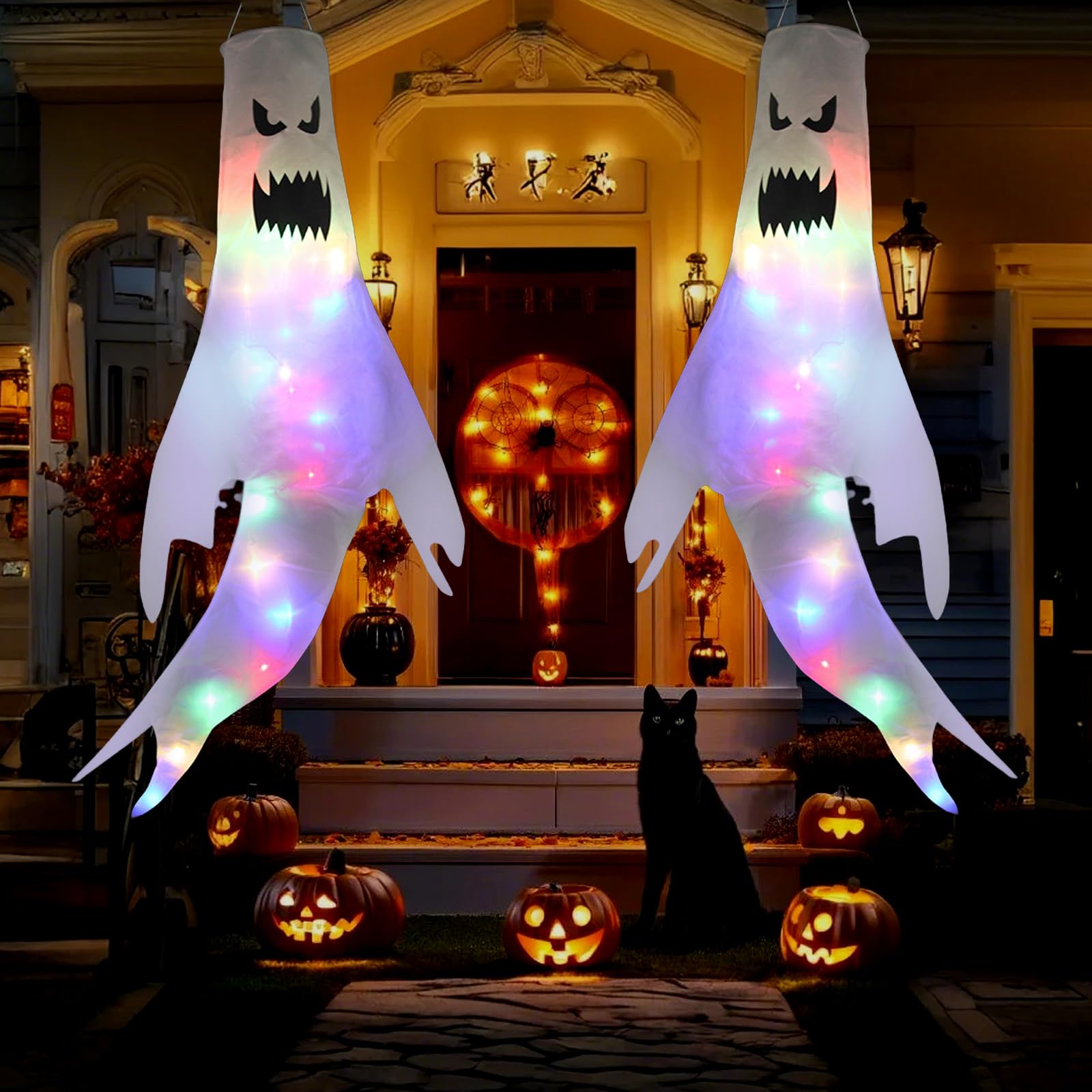 Halloween Windsocks Ghost Windsock Hanging Decoration, Pack of 2 Halloween Ghost Windsocks with Colourful LED Lights, Ghost Garden Decoration, Ghost Flag Wind Socks Ghost Face