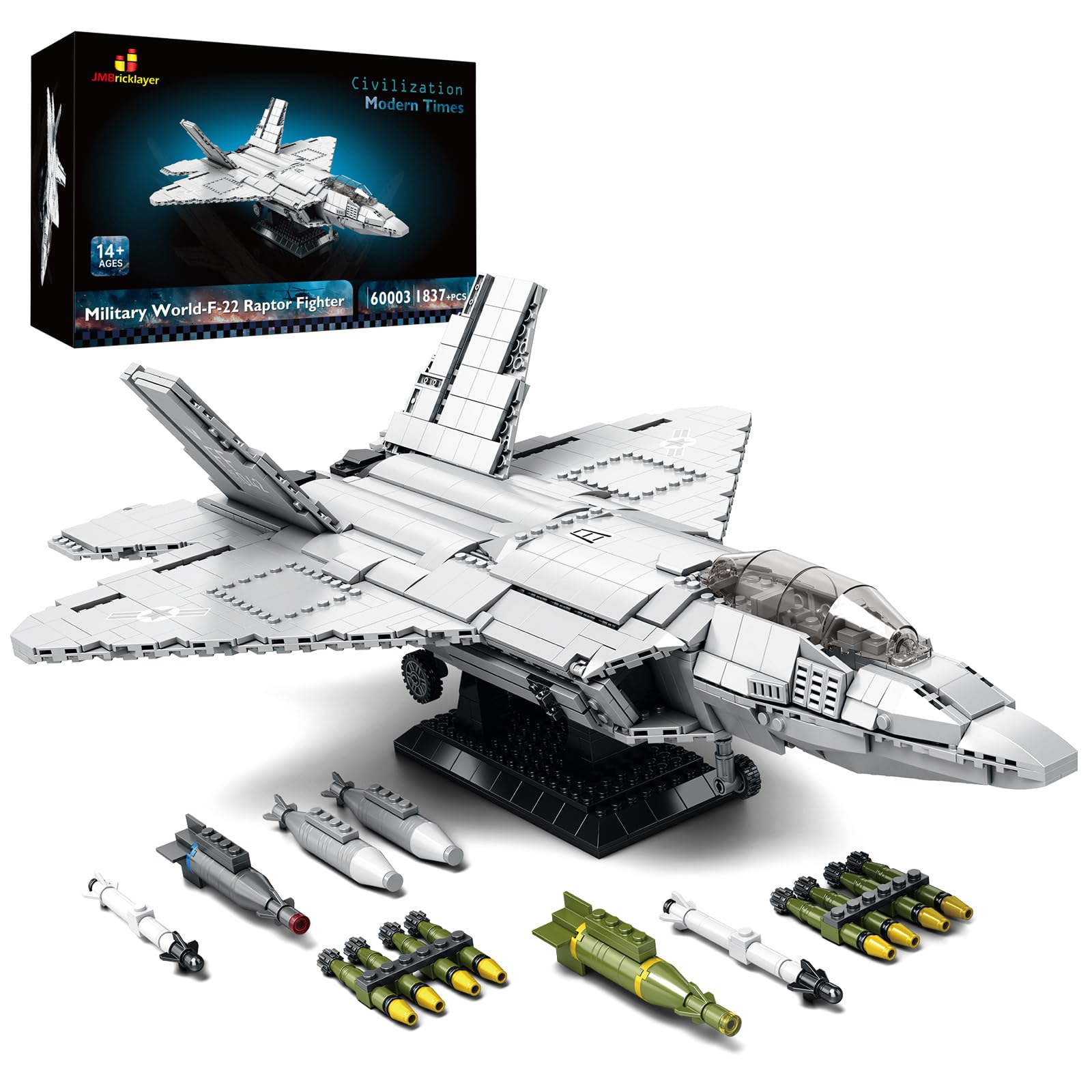 JMBricklayer F22 Raptor Fighter Jet Building Block Set, 60003 Military Fighter Aircraft Toy Army Construction Model, Military Hobby Collection Toys Gifts for Adults Kids 14+ (1837 Pieces)