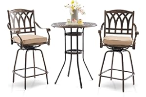 ATTLIASALON 3 Piece Swivel Outdoor Table and Chairs Bar Set , All-Weather Cast Aluminum Outdoor High Top Patio Bar Set Bistro Set, High Swivel Stools with Cushions Umberlla Hole for Balcony, Poolside,Garden,Lawn