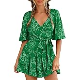 Relipop Women’s Summer Romper Floral V Neck Short Sleeve Waist Tie Ruffle Hem Vacation Outfits 2026 Casual One Piece Jumpsuit