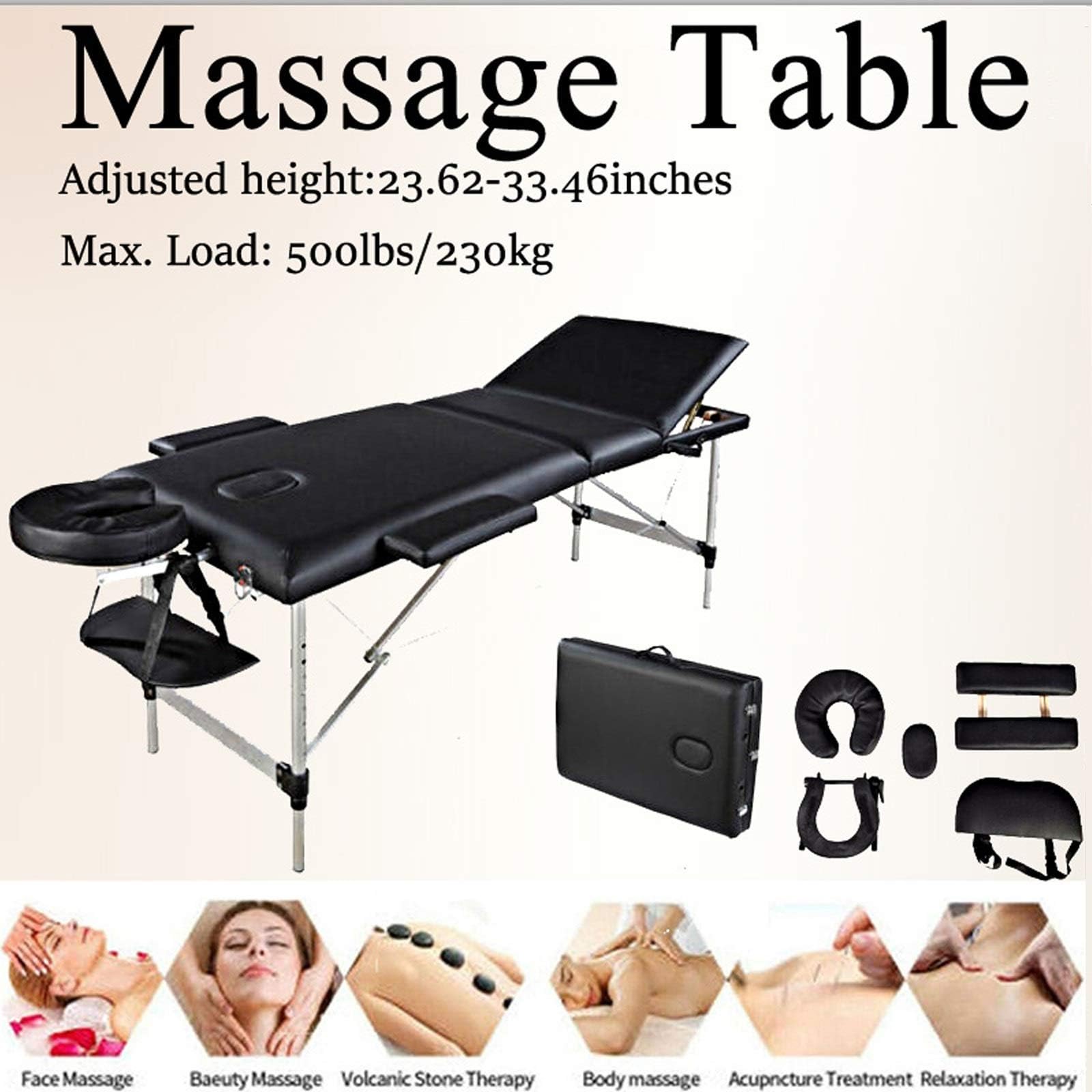 YUHT Massage Table,3 Fold Aluminum Black Massage Bed, 30.86lb Lightweight and Easy to Carry, Adjust Height Within 23.62-33.46 Inches, Massage Table Coach Bed