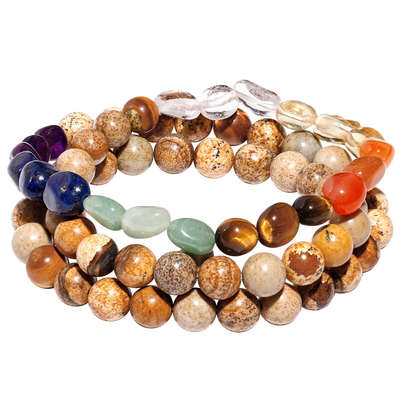 Wizock Wrap 8mm Picture Jasper Beaded Bracelets 7 Chakra Tumbled Crystals Stretch Boho Bracelets for Women and Men Unisex