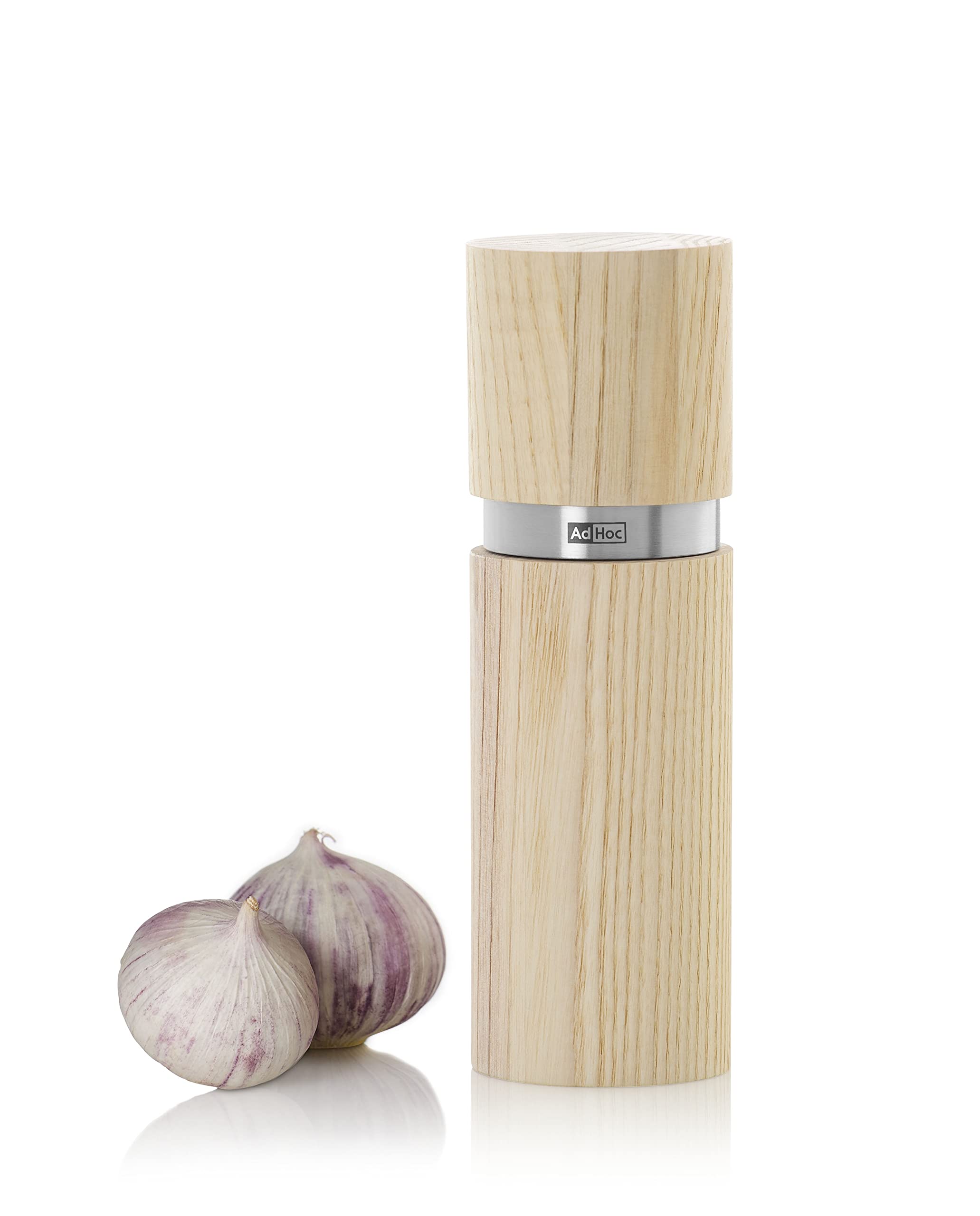 AdHoc MP25 TEXTURA ANTIQUE Salt or Pepper Mill | Ash Wood/Stainless Steel | CeraCut Ceramic Grinder, Adjustable Grind Setting, Easy Refill | (H)150mm x (D)50mm | White | Includes 1 x Mill